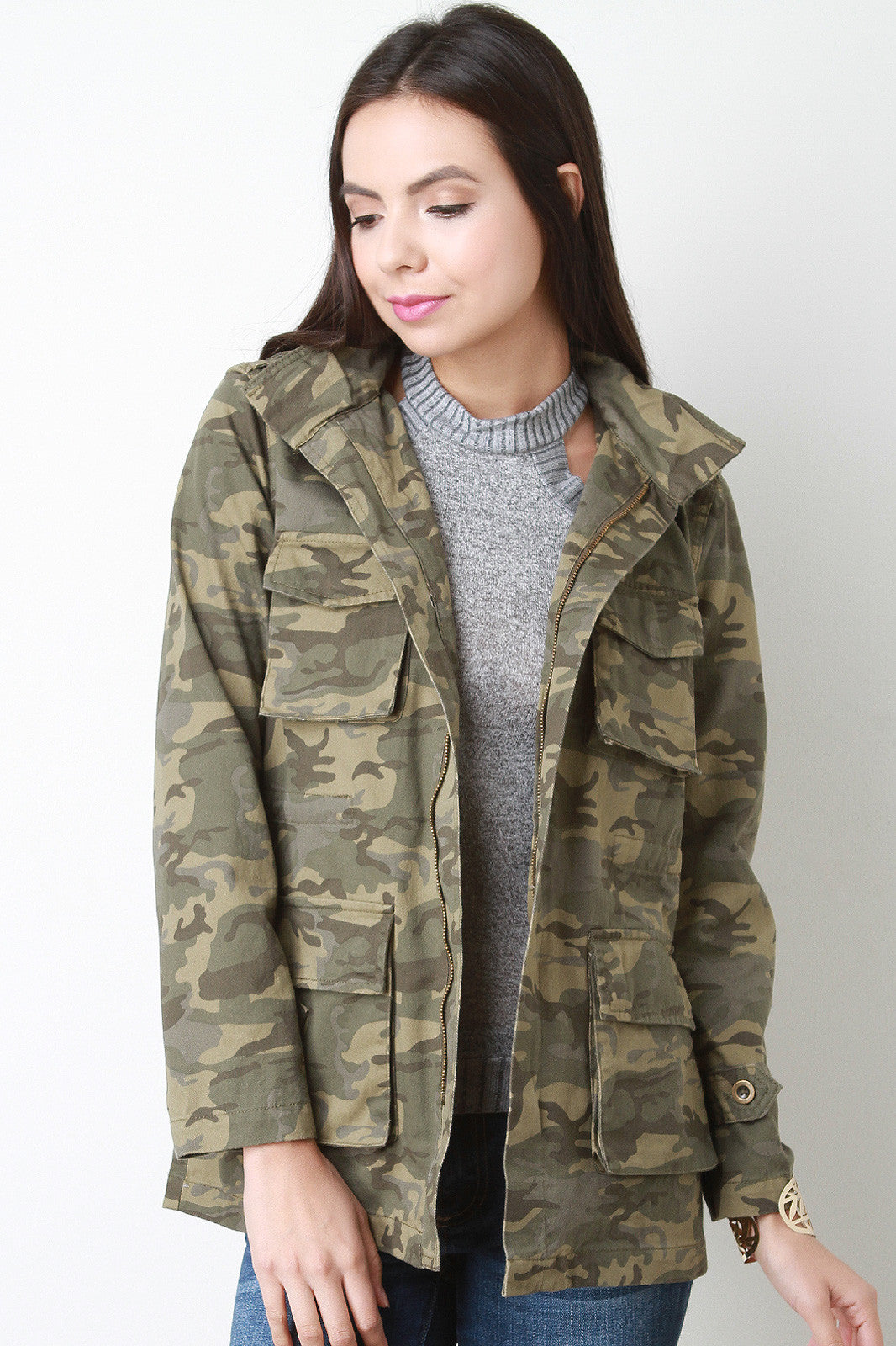 Camouflage Canvas Hooded Utility Jacket