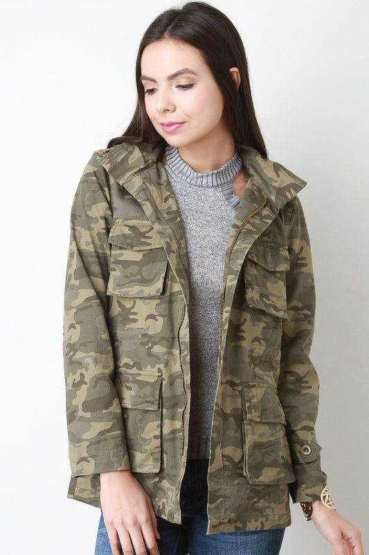 Camouflage Canvas Hooded Utility Jacket