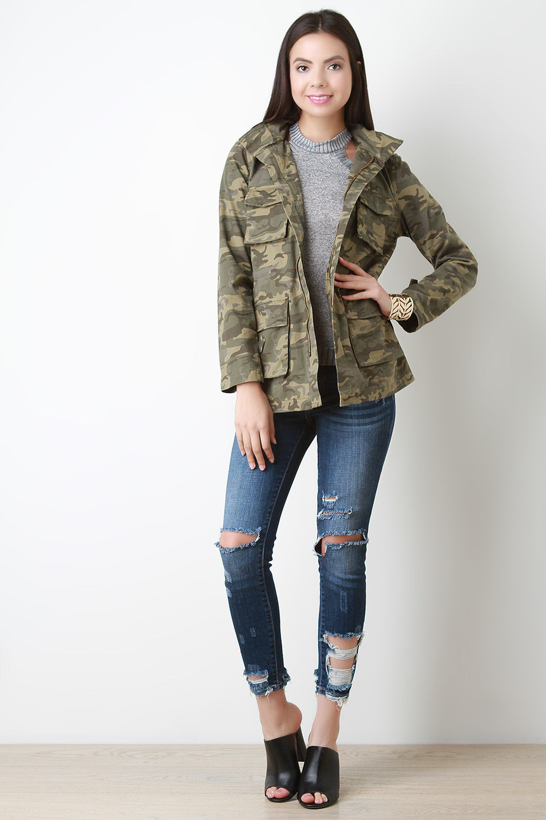 Camouflage Canvas Hooded Utility Jacket