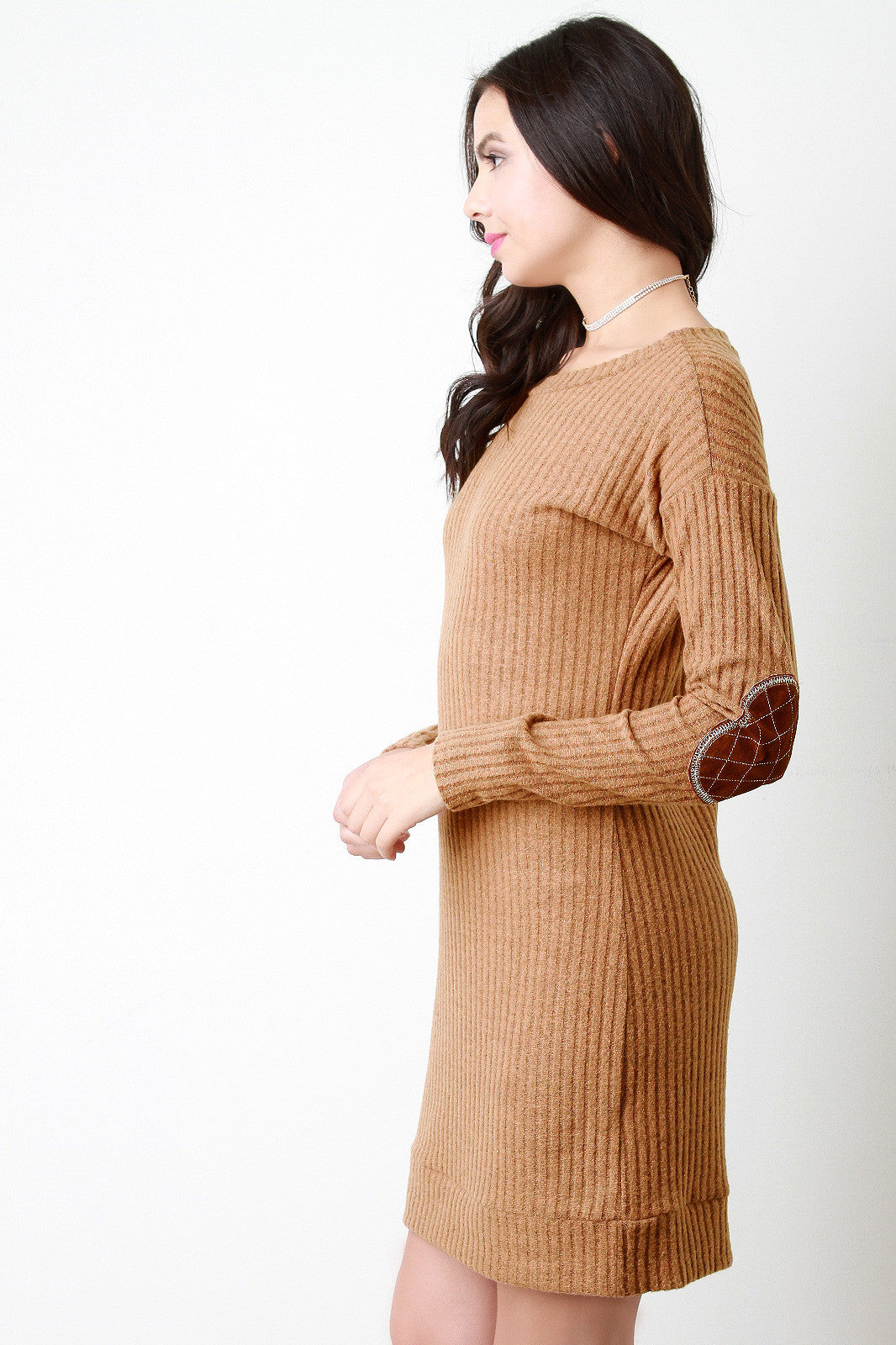 Brushed Rib Knit Elbow Patch Dress