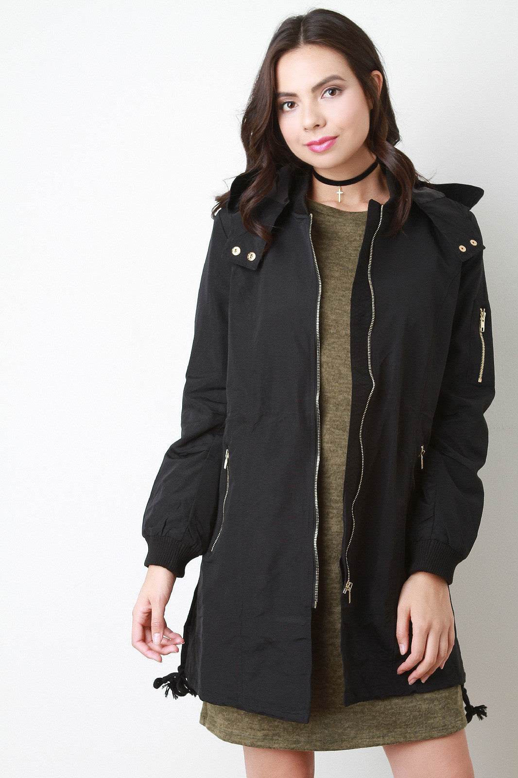 Zip Up Hooded Bomber Trench Coat