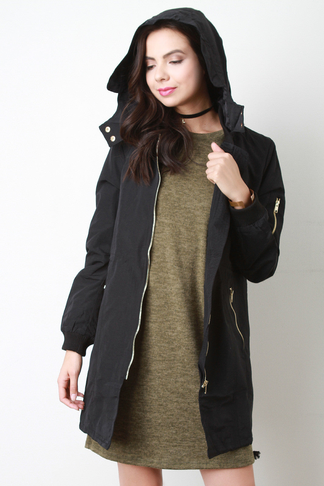 Zip Up Hooded Bomber Trench Coat