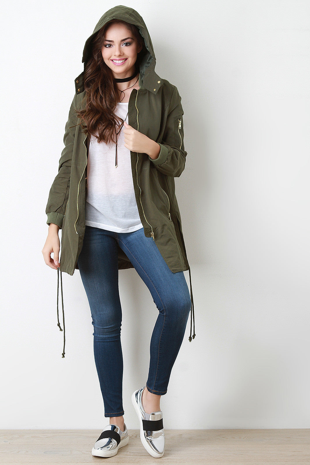 Zip Up Hooded Bomber Trench Coat