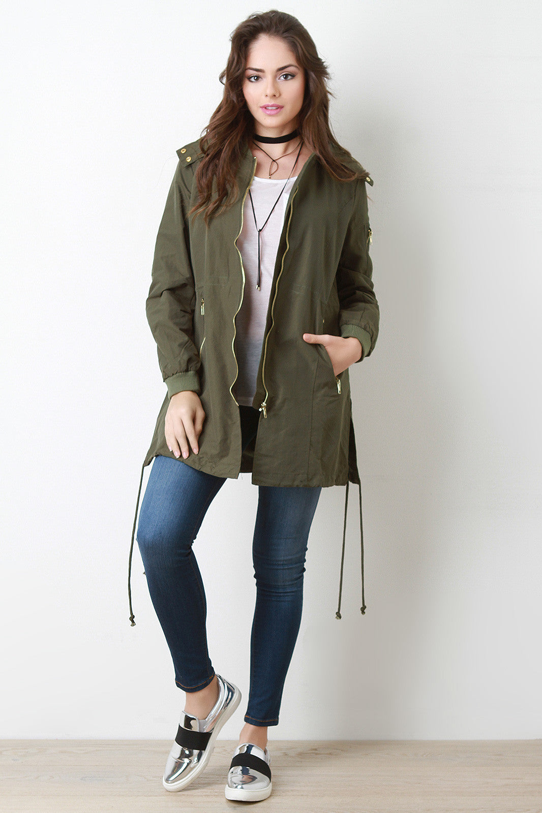 Zip Up Hooded Bomber Trench Coat