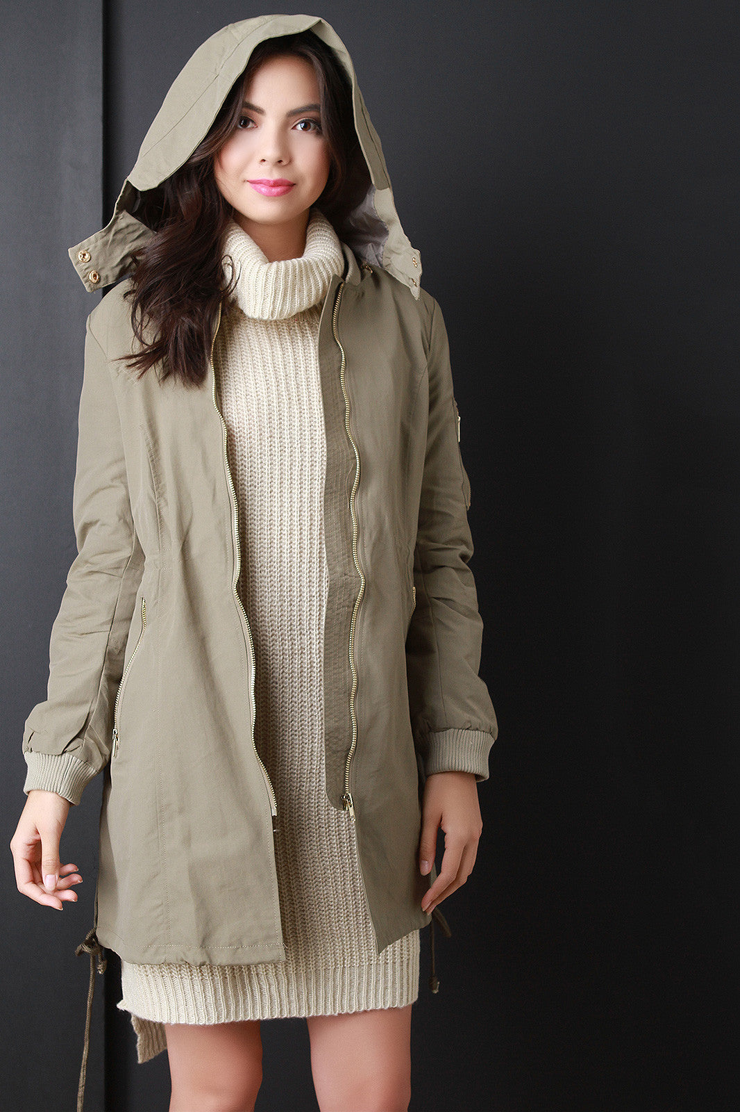 Zip Up Hooded Bomber Trench Coat