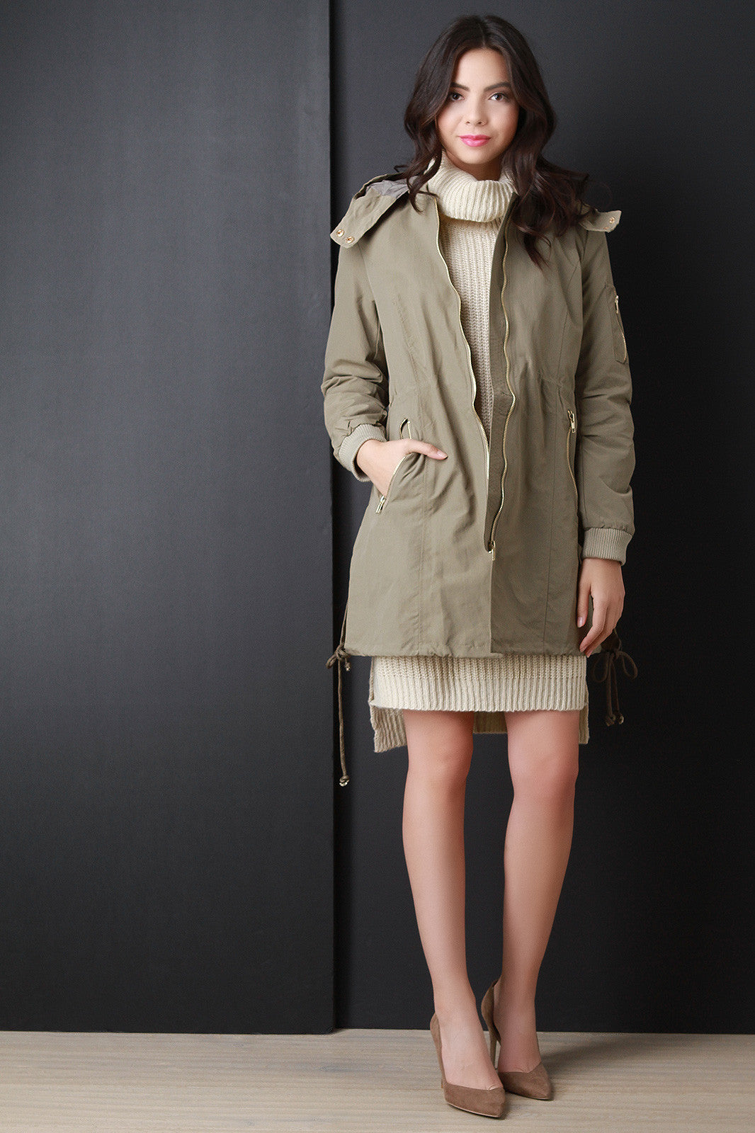 Zip Up Hooded Bomber Trench Coat