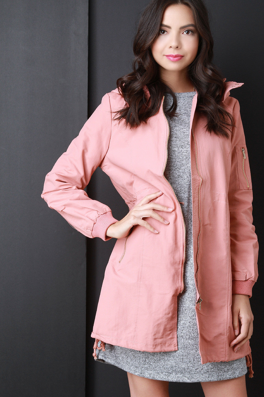 Zip Up Hooded Bomber Trench Coat