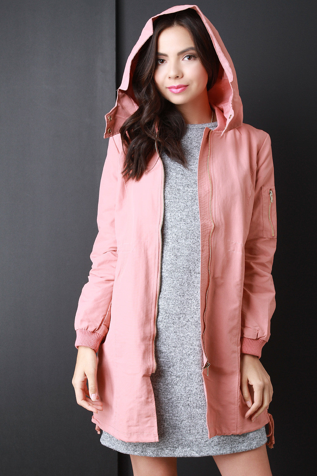 Zip Up Hooded Bomber Trench Coat