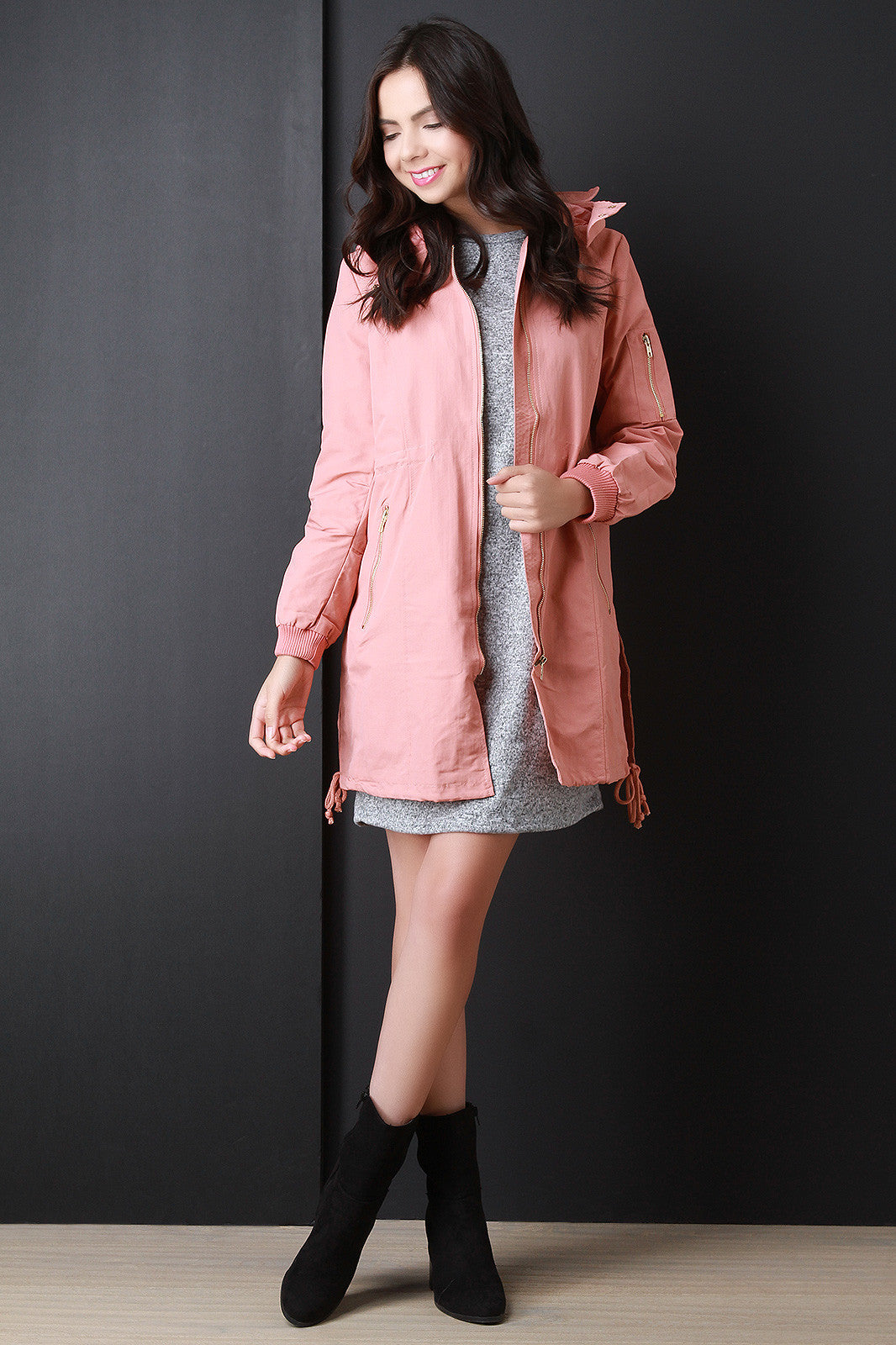 Zip Up Hooded Bomber Trench Coat