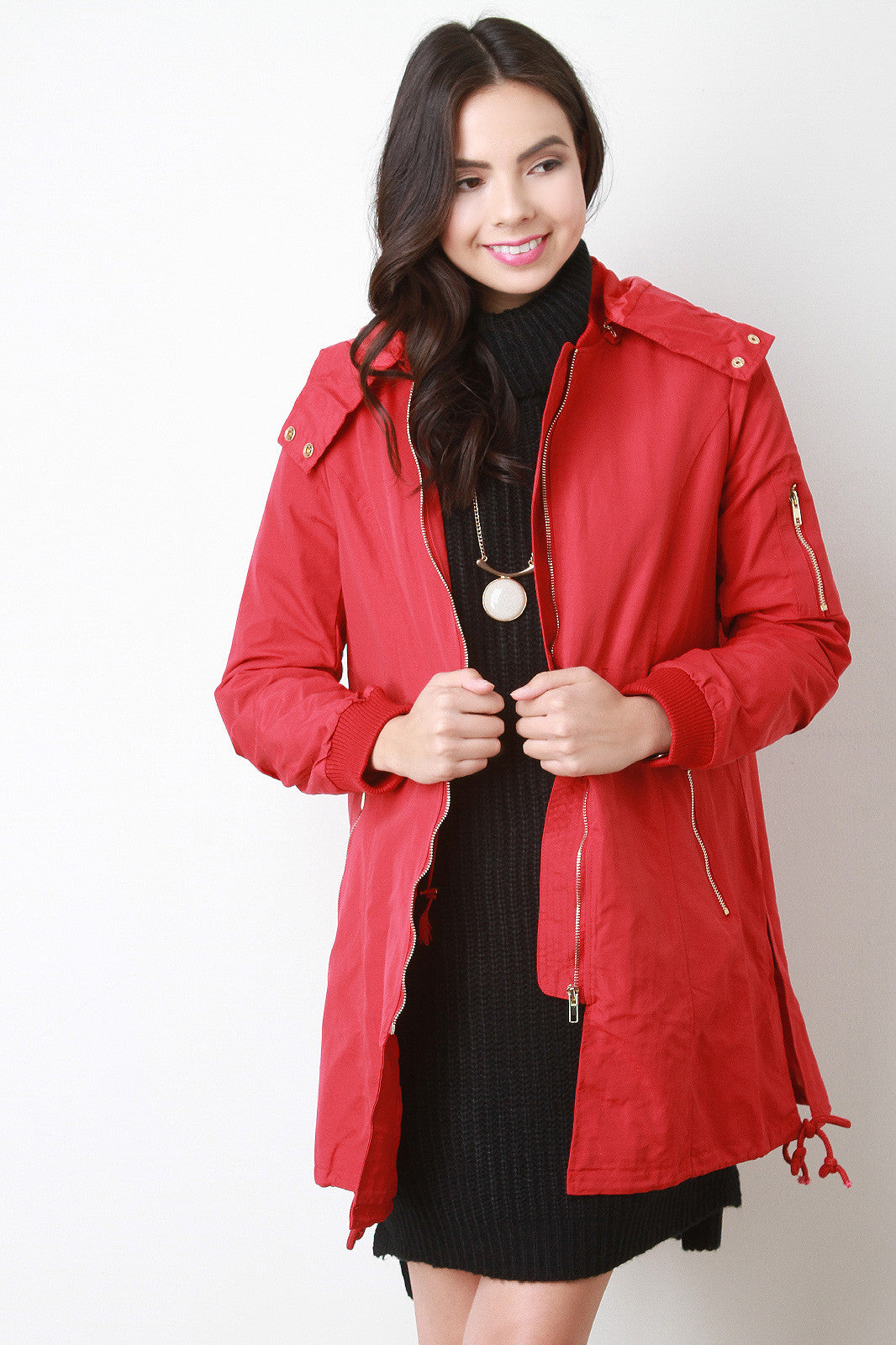 Zip Up Hooded Bomber Trench Coat