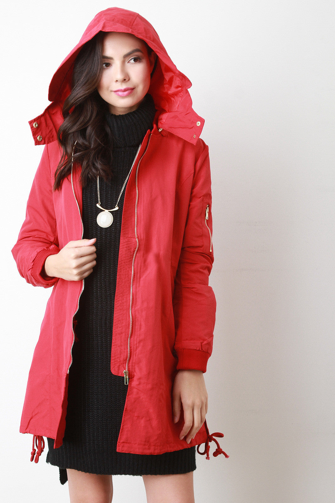 Zip Up Hooded Bomber Trench Coat