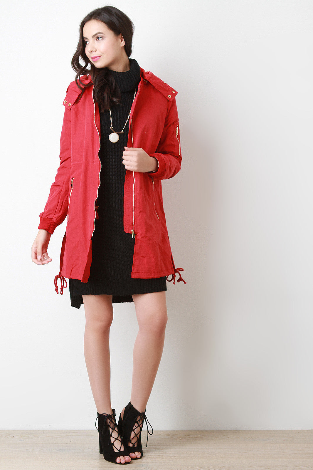 Zip Up Hooded Bomber Trench Coat