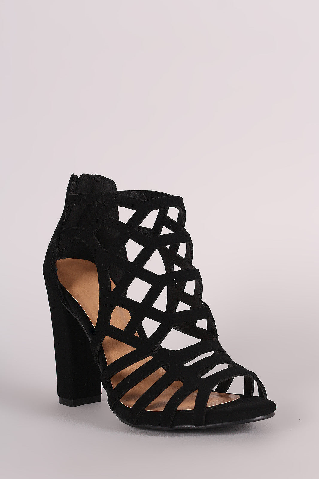 Bamboo Nubuck Caged Cutout Chunky Heel