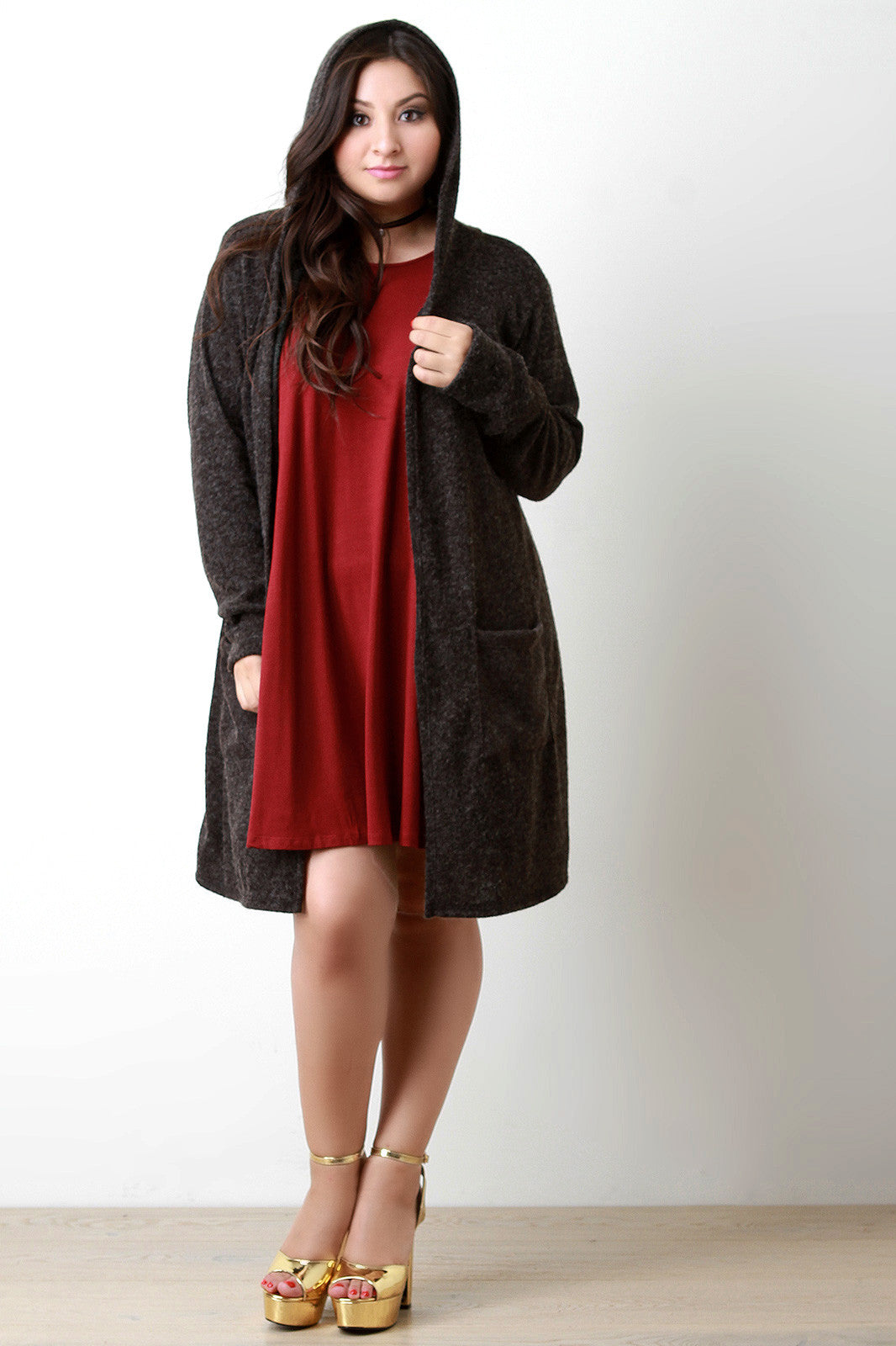 Brushed Loose Knit Hooded Longline Cardigan