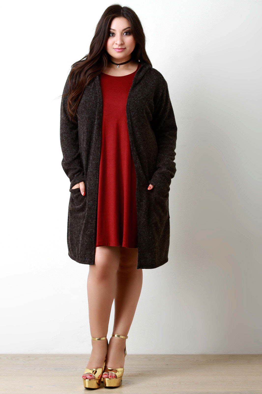 Brushed Loose Knit Hooded Longline Cardigan