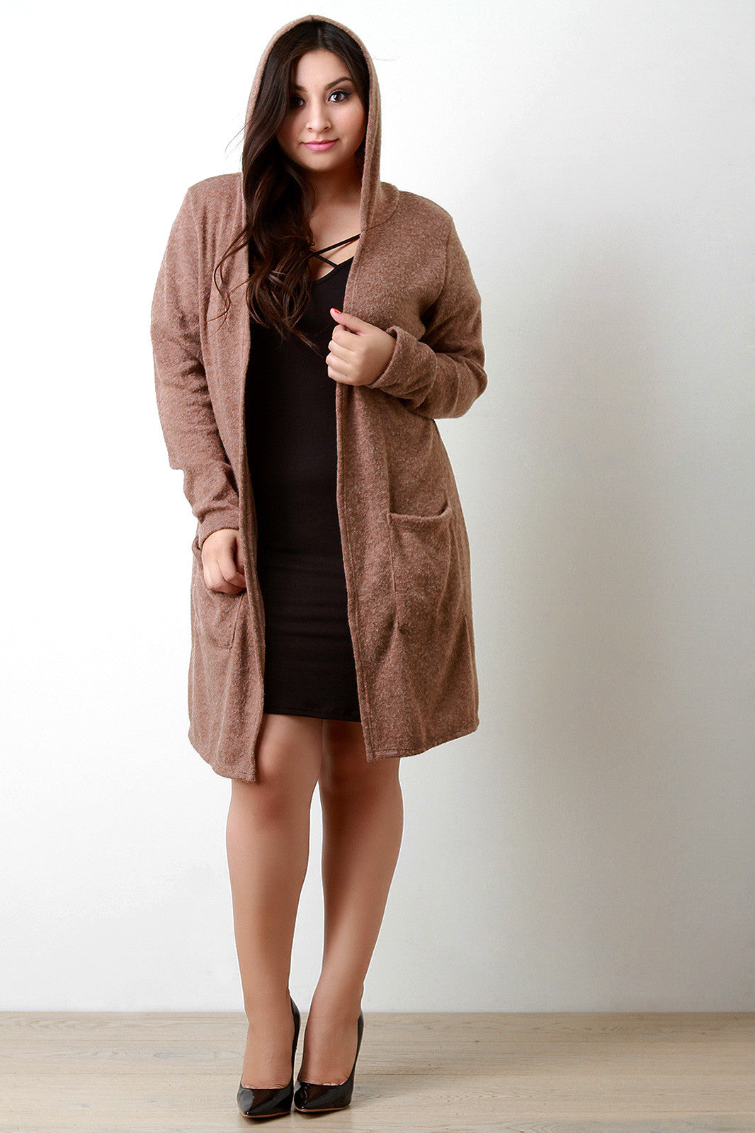 Brushed Loose Knit Hooded Longline Cardigan