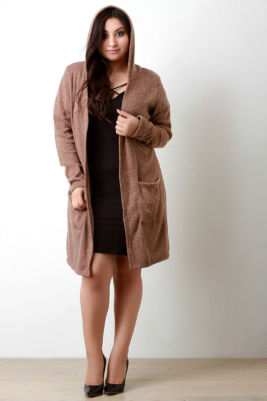 Brushed Loose Knit Hooded Longline Cardigan