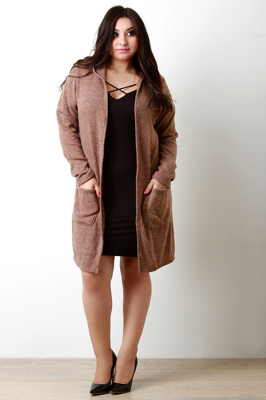 Brushed Loose Knit Hooded Longline Cardigan