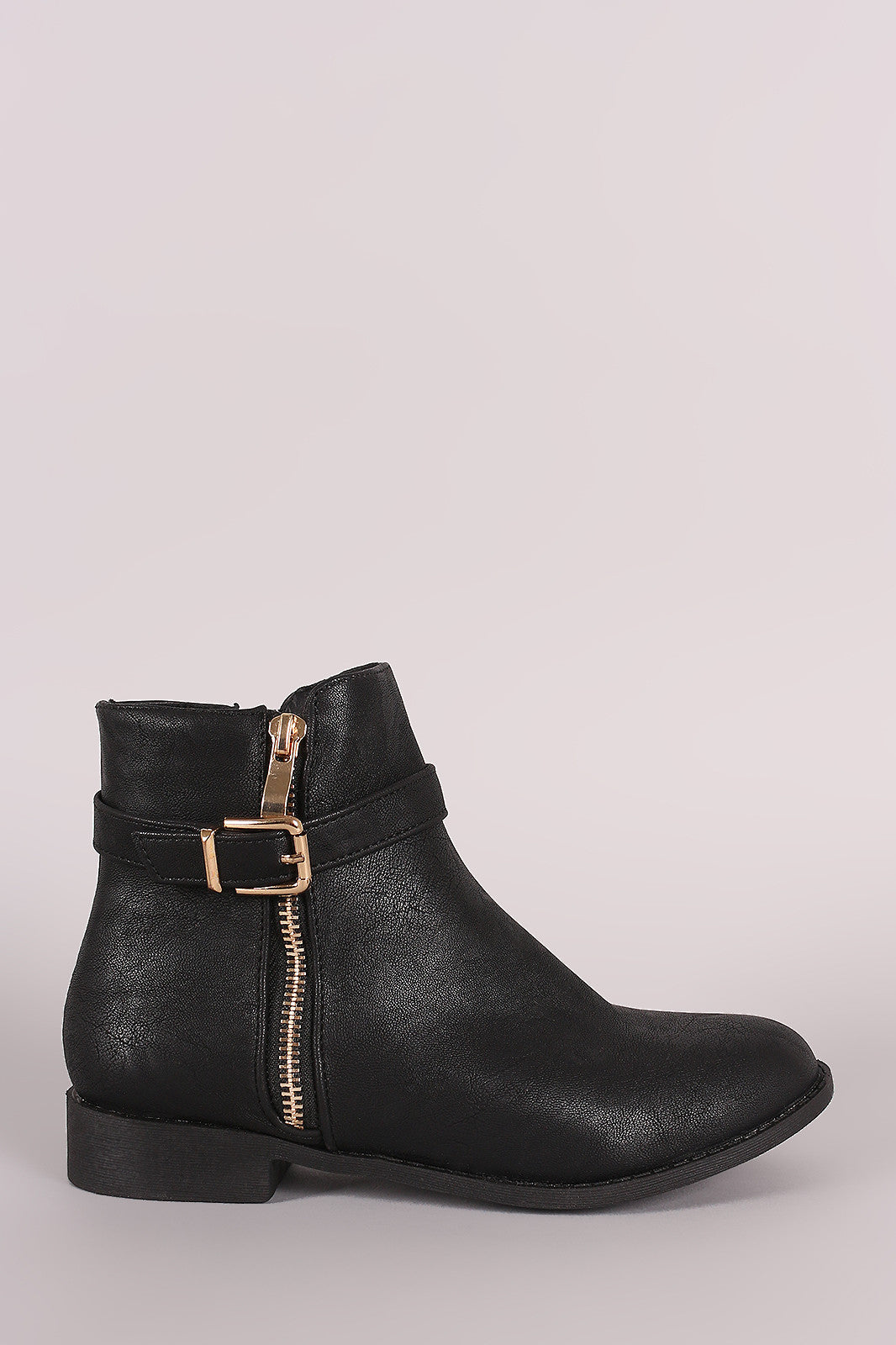 Buckled Zipper Trim Flat Ankle Boots