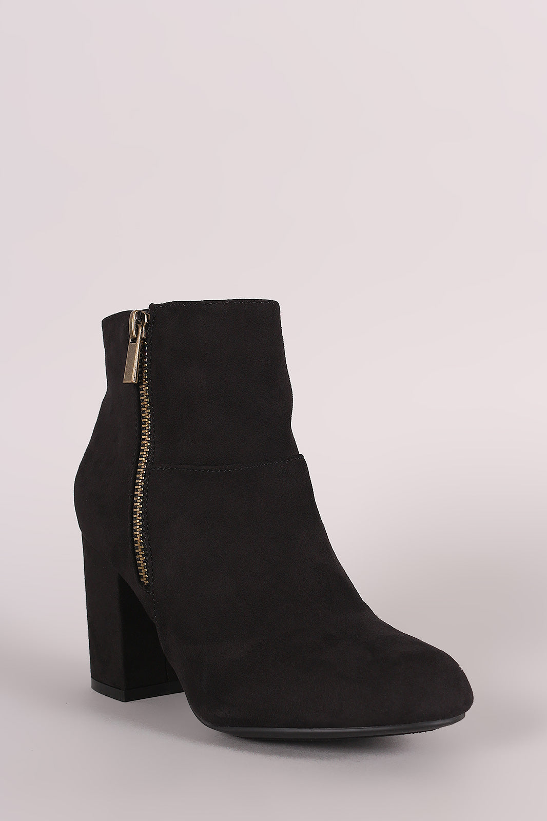 Bamboo Suede Zipper Accent Chunky Heeled Ankle Boots