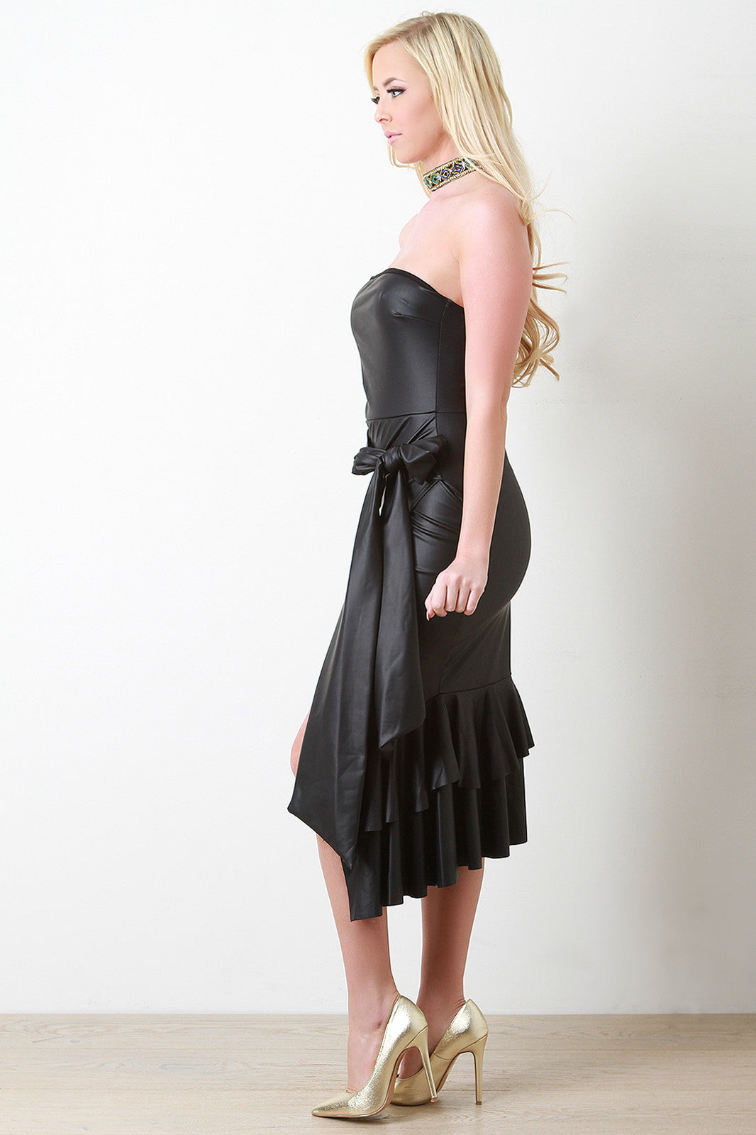 Wrapped Up Vegan Leather Strapless Dress