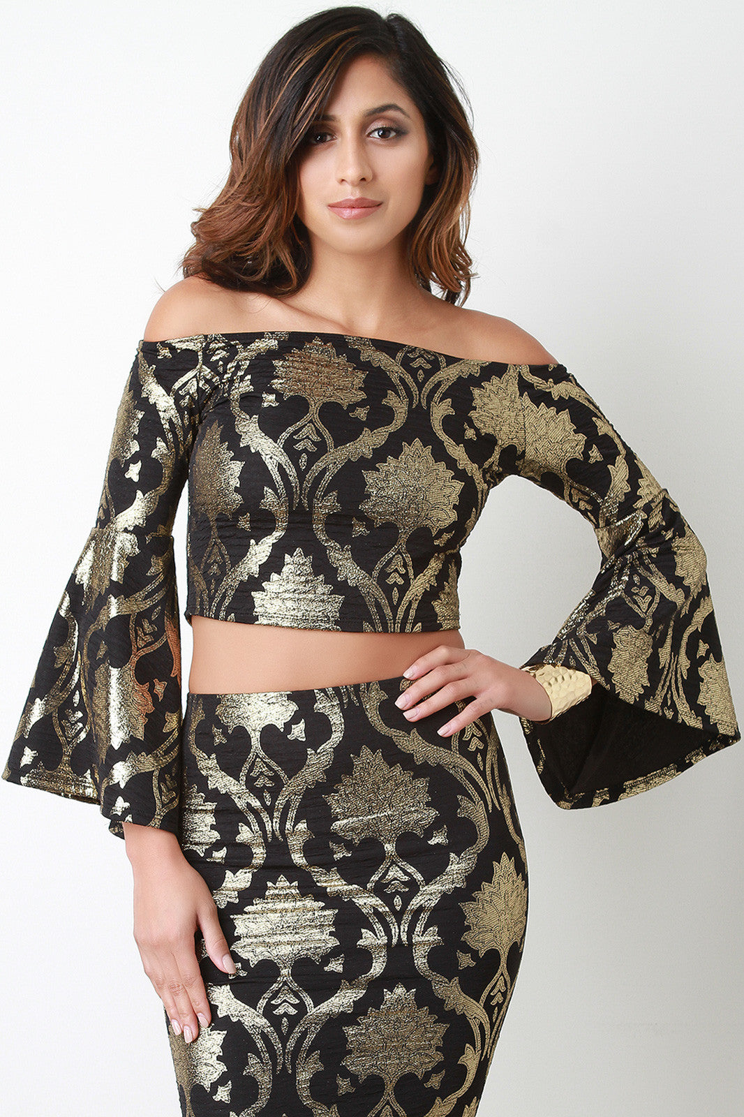 Baroque Metallic Bell Sleeve Crop Top