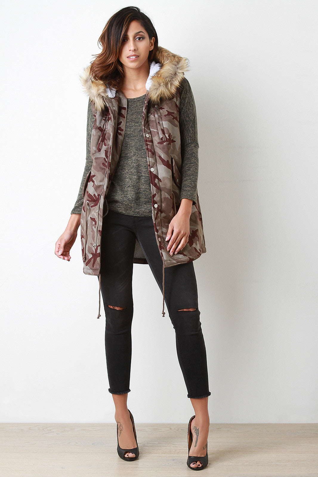 Camouflage Fur Trim Hooded Vest