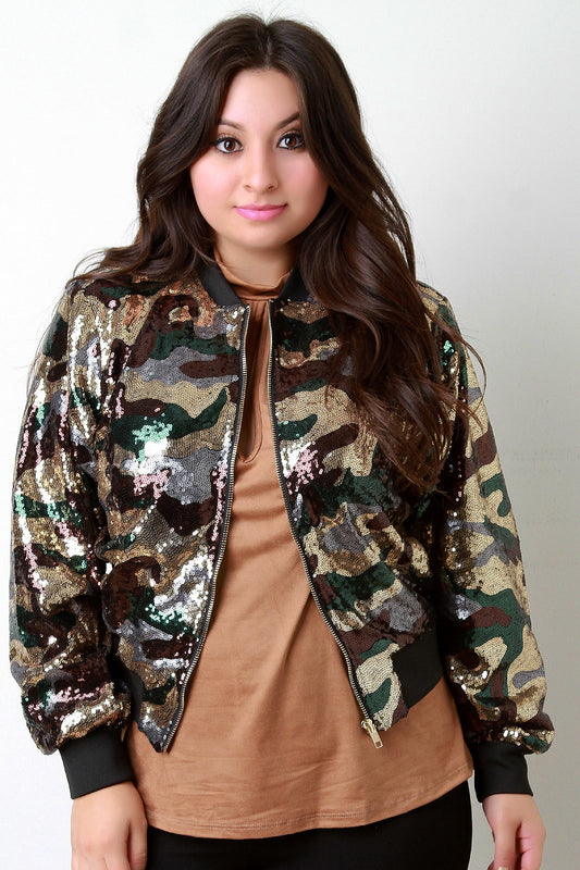 Camo Sequin Rib Knit Trim Bomber Jacket