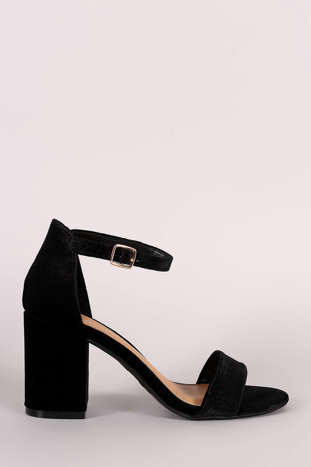 Bamboo Velvet Open Toe Ankle Strap Chunky Heel