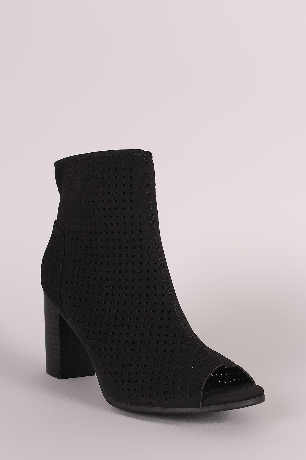Breckelle Perforated Nubuck Chunky Heeled Booties