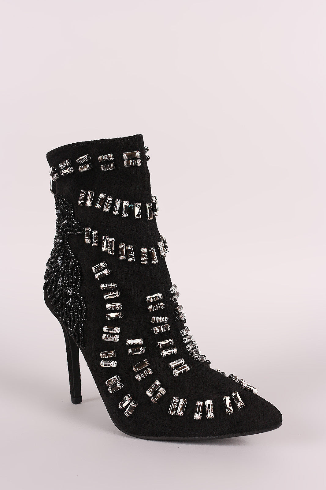 Beads Embellished Stiletto Suede Ankle Boots