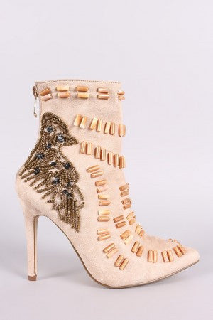 Beads Embellished Stiletto Suede Ankle Boots