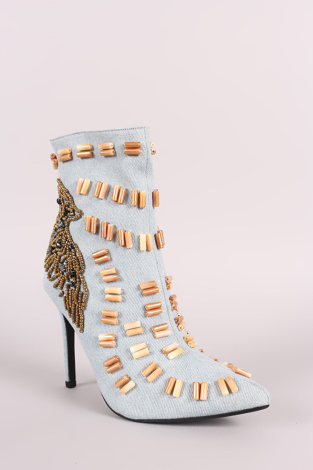 Beads Embellished Stiletto Denim Ankle Boots