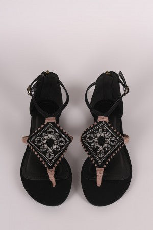 Bamboo Nubuck Embroidery And Whipstitch Thong Flat Sandal