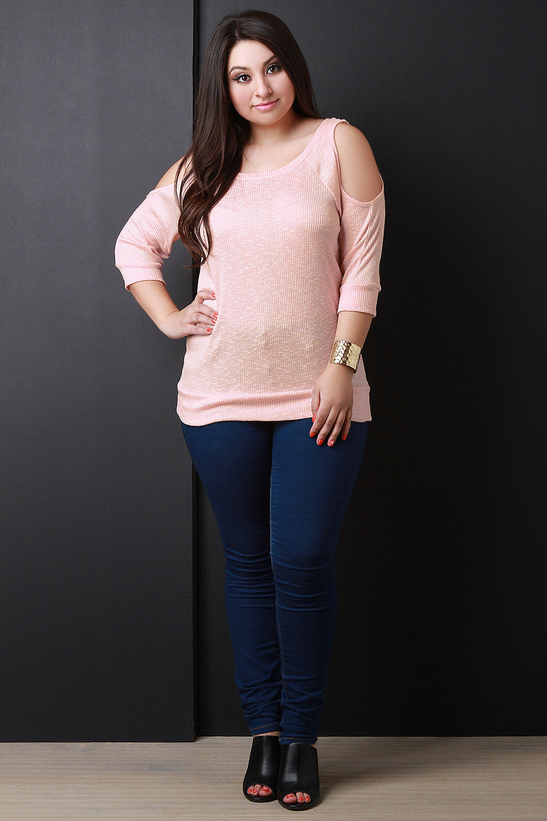 Casual Ribbed Knit Round Neck Cold Shoulder Top