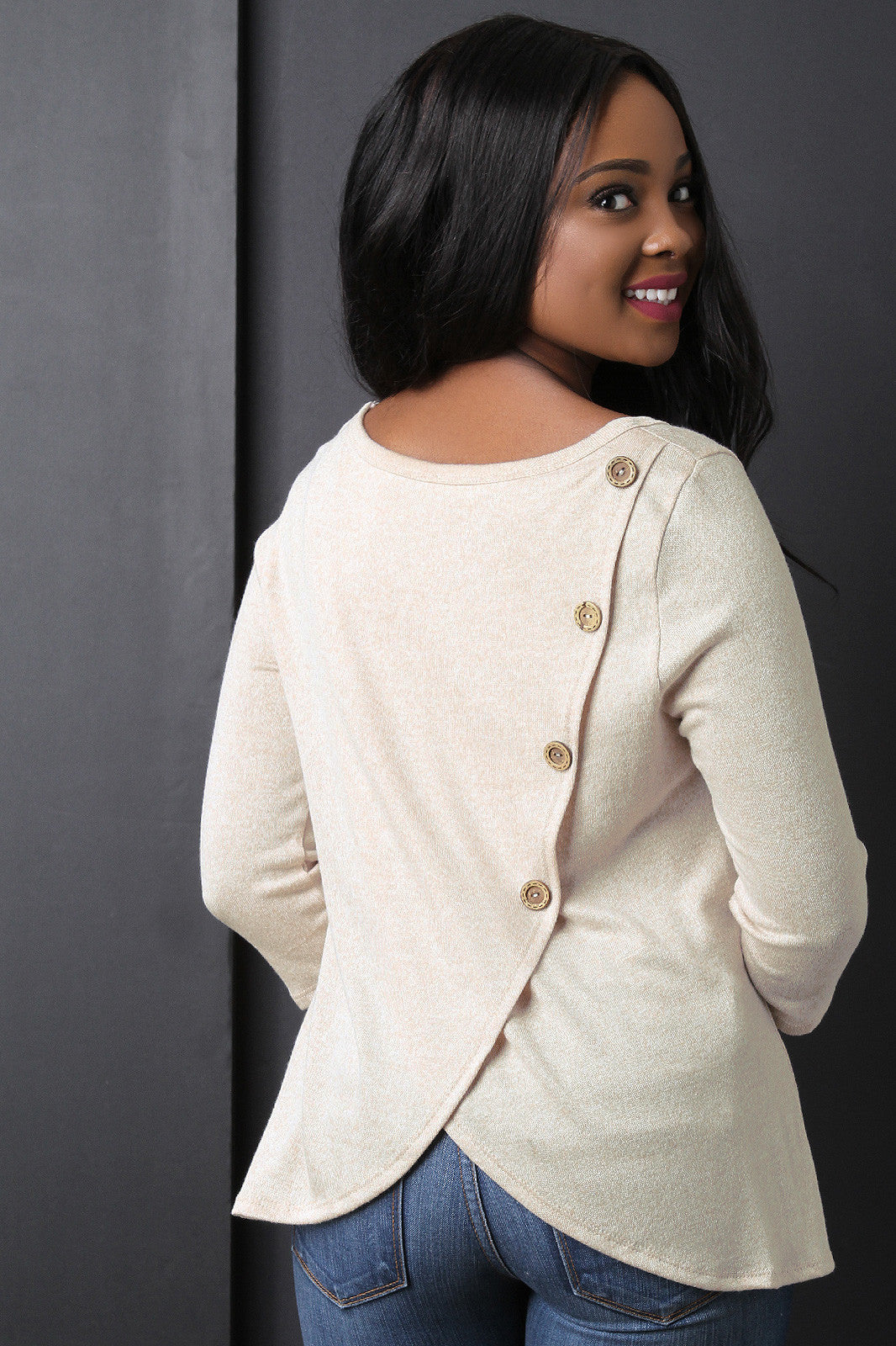 Button Back Decor Long Sleeve Top