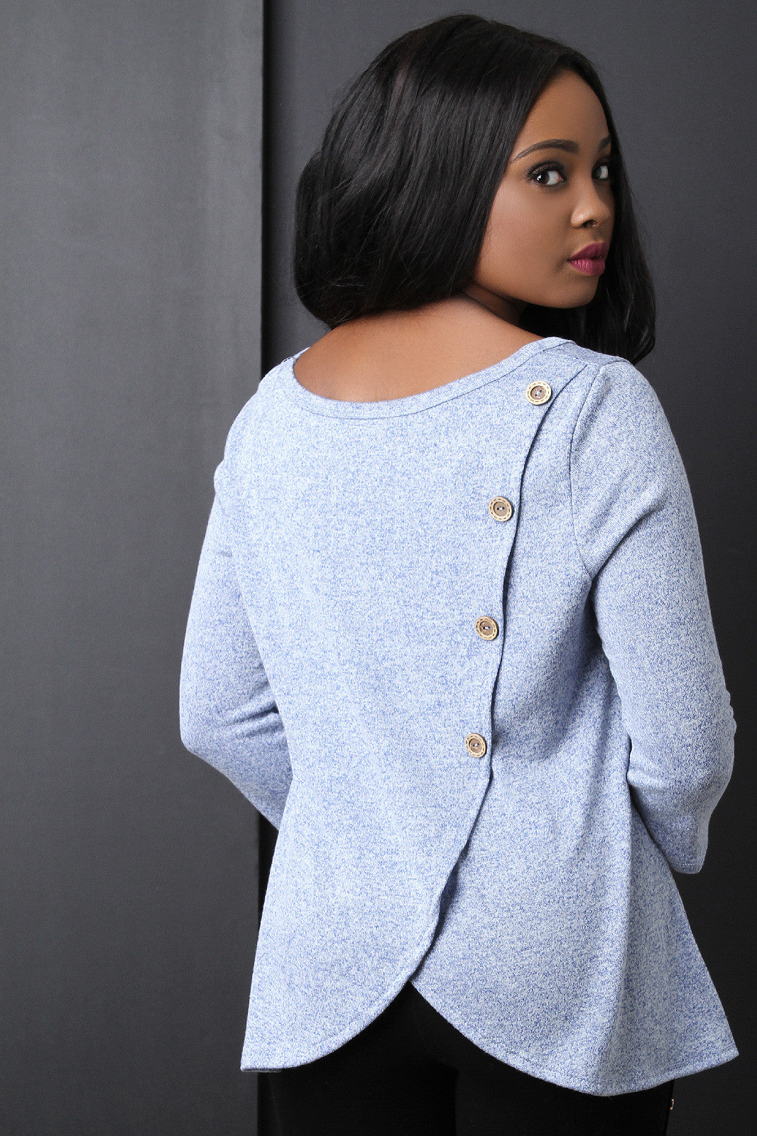 Button Back Decor Long Sleeve Top