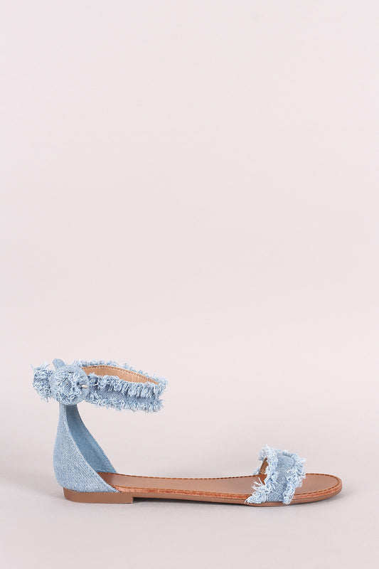 Breckelle Frayed Denim Ankle Strap Flat Sandal