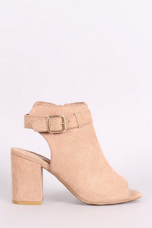 Bamboo Suede Buckled Ankle Strap Chunky Mule Ankle Boots