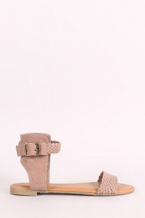 Bamboo Suede Braided Ankle Strap Flat Sandal
