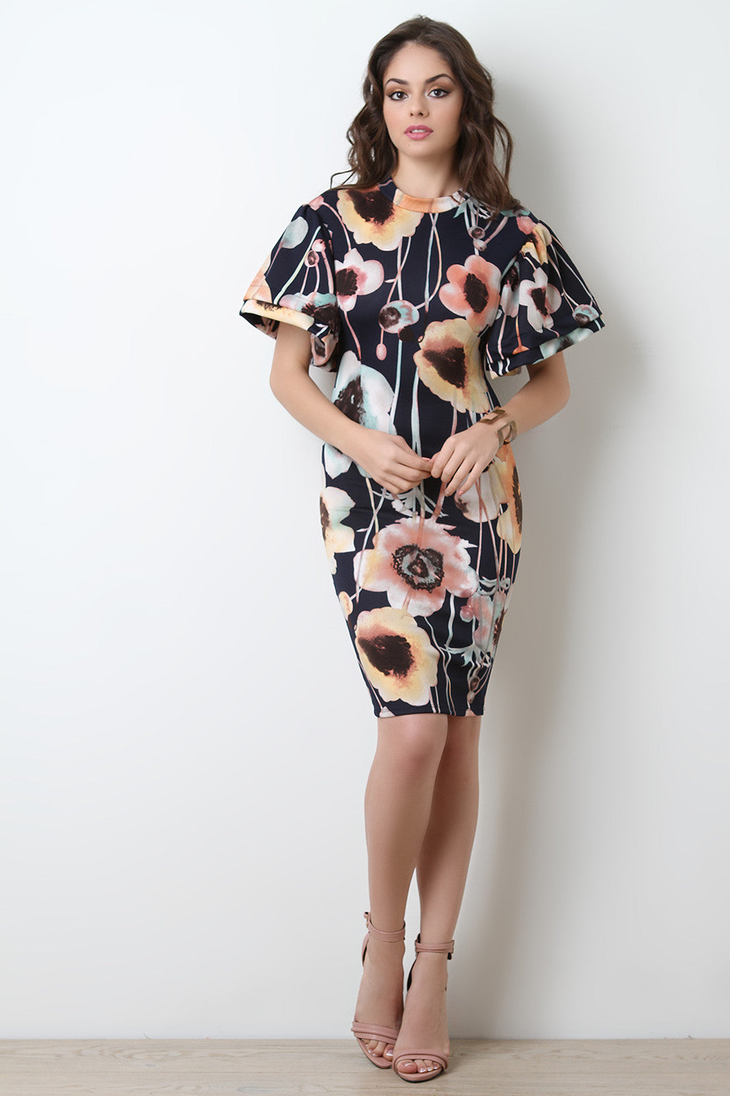 Bell Sleeves Floral Bodycon Dress