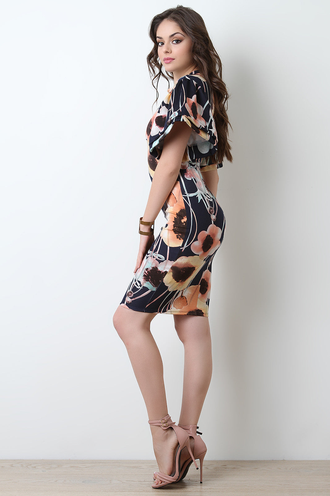 Bell Sleeves Floral Bodycon Dress
