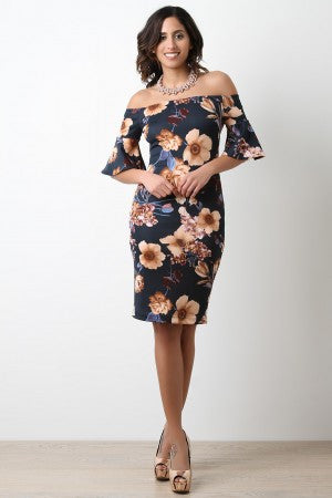 Bell Sleeves Floral Bodycon Bardot Dress