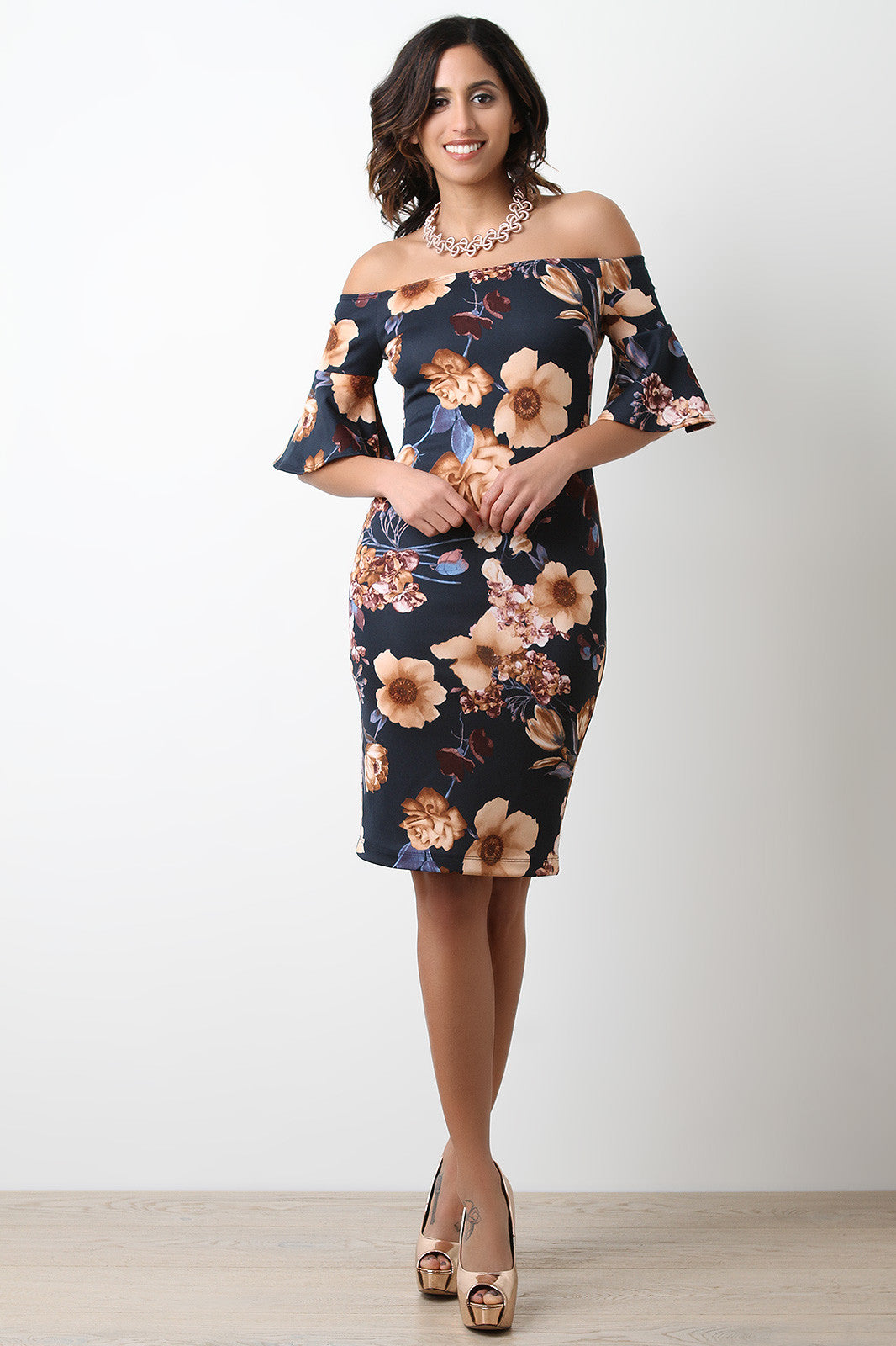 Bell Sleeves Floral Bodycon Bardot Dress