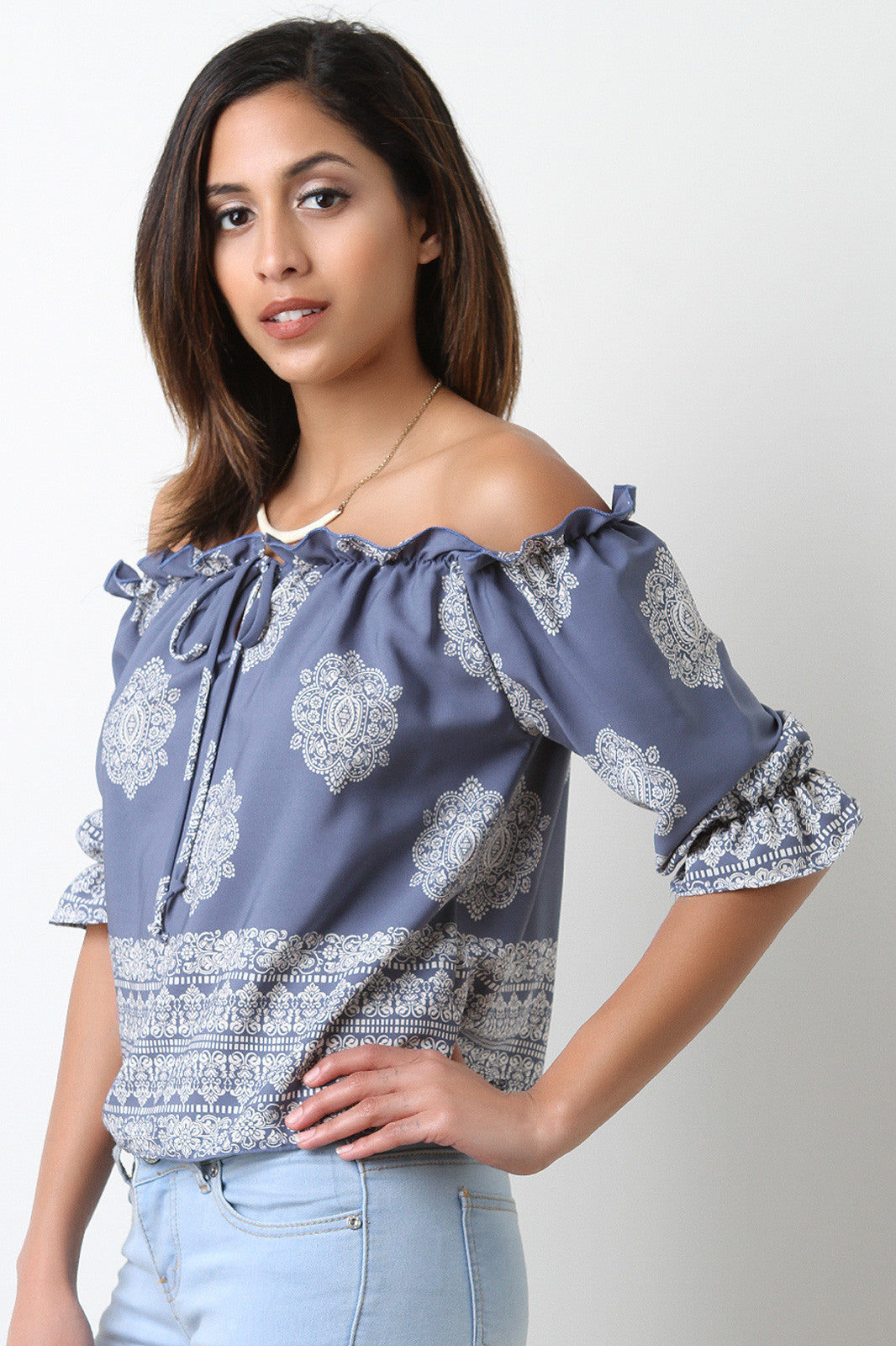 Boho Print Bardot Self-Tie Top