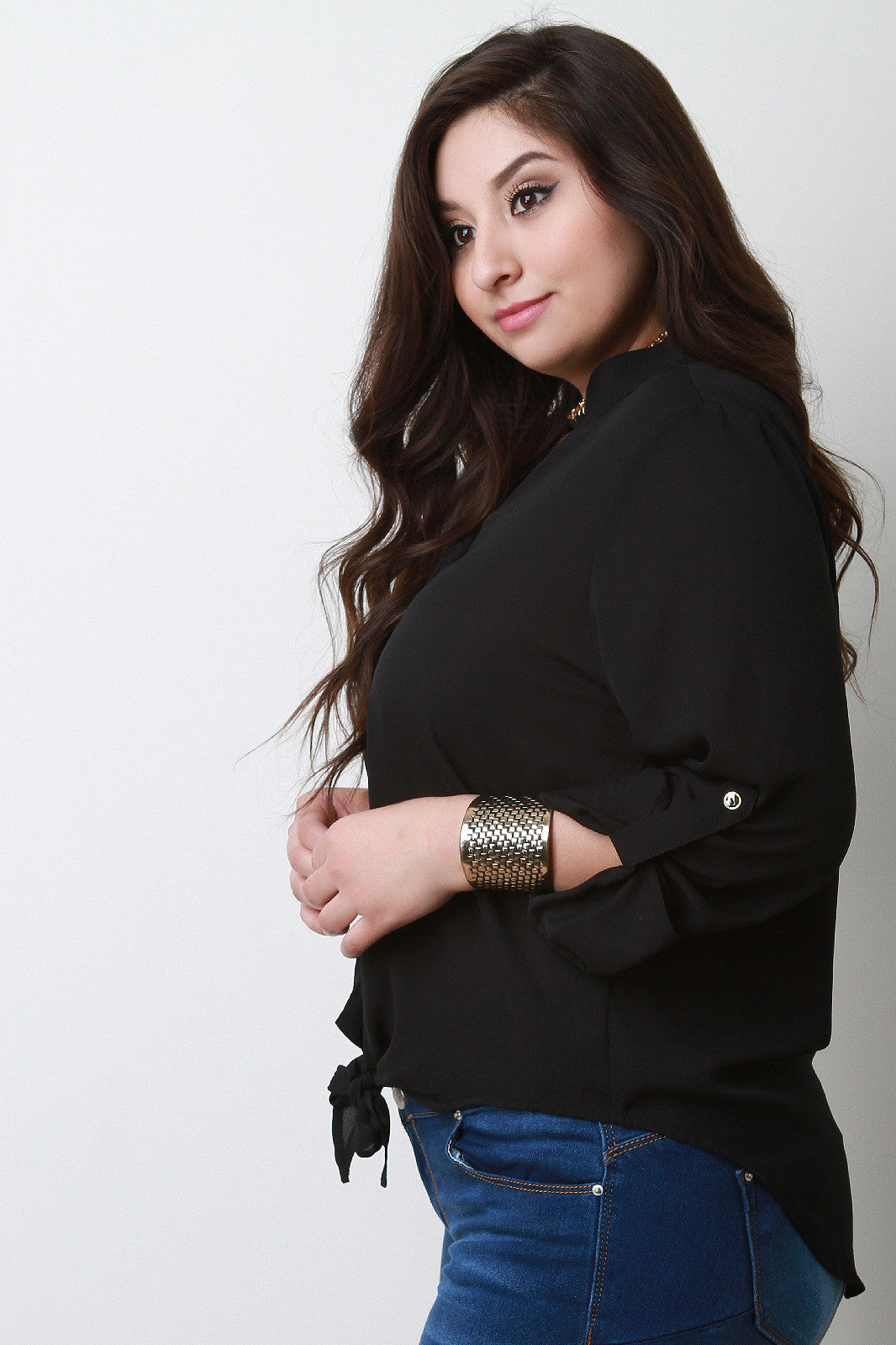 Button Up Self-Tie Hem Blouse Top