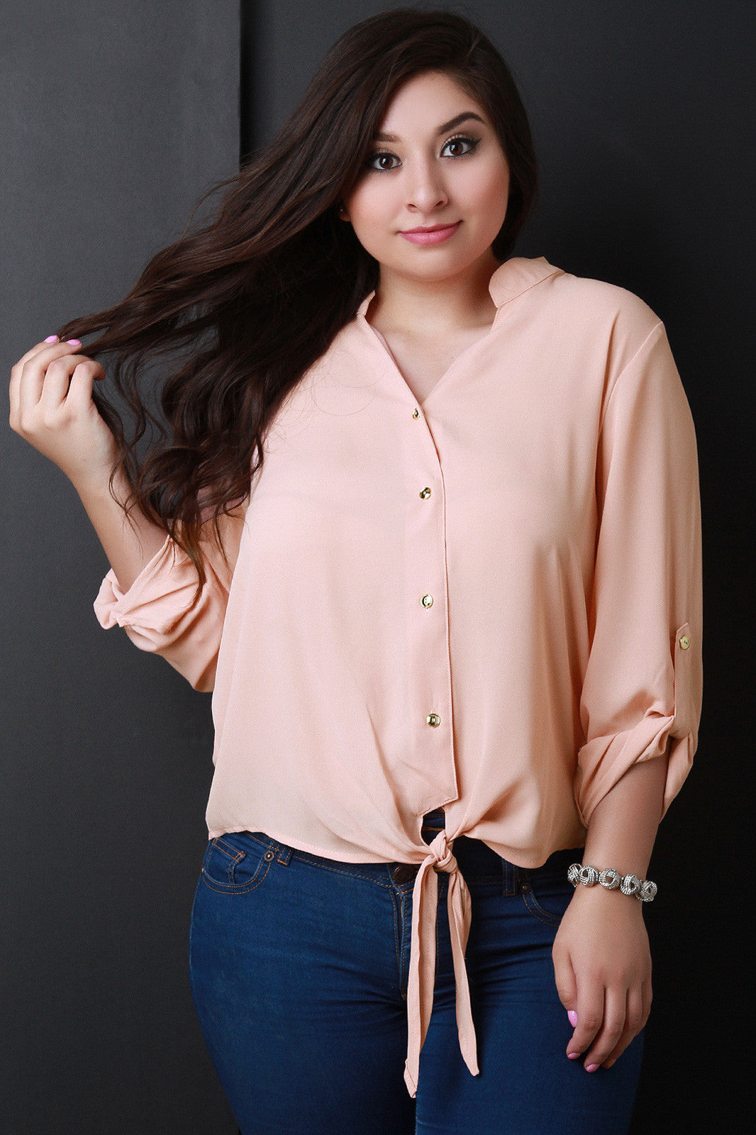 Button Up Self-Tie Hem Blouse Top