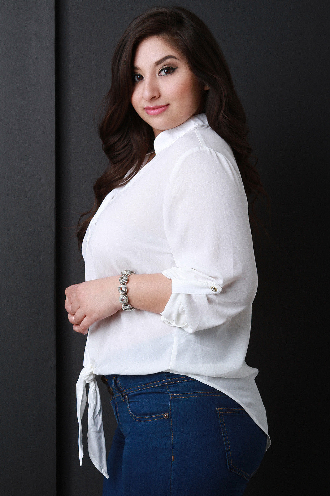 Button Up Self-Tie Hem Blouse Top