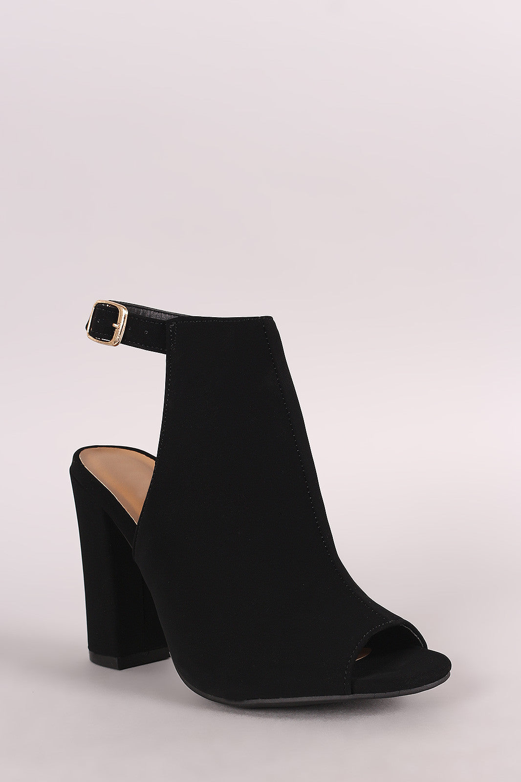 Bamboo Nubuck Peep Toe Chunky Mule Booties