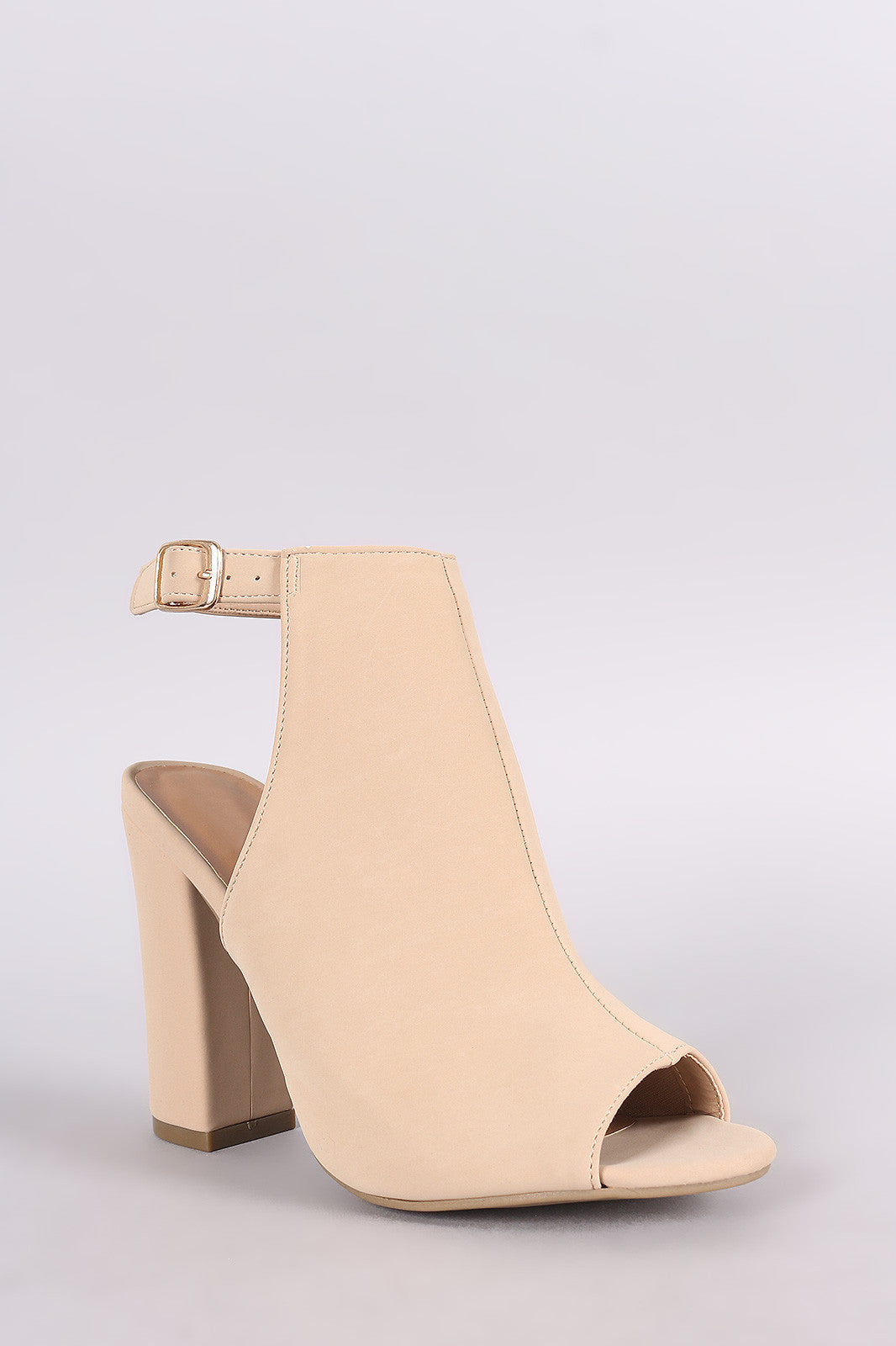 Bamboo Nubuck Peep Toe Chunky Mule Booties